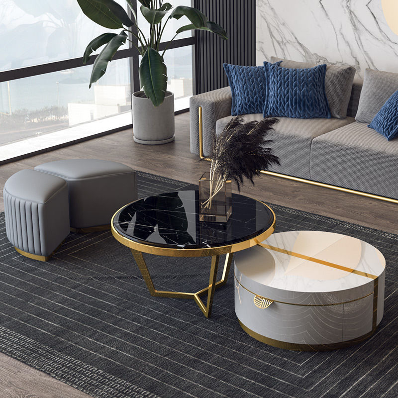 Segrate White and Black Marble Coffee Table 31.50"D+27.55"D