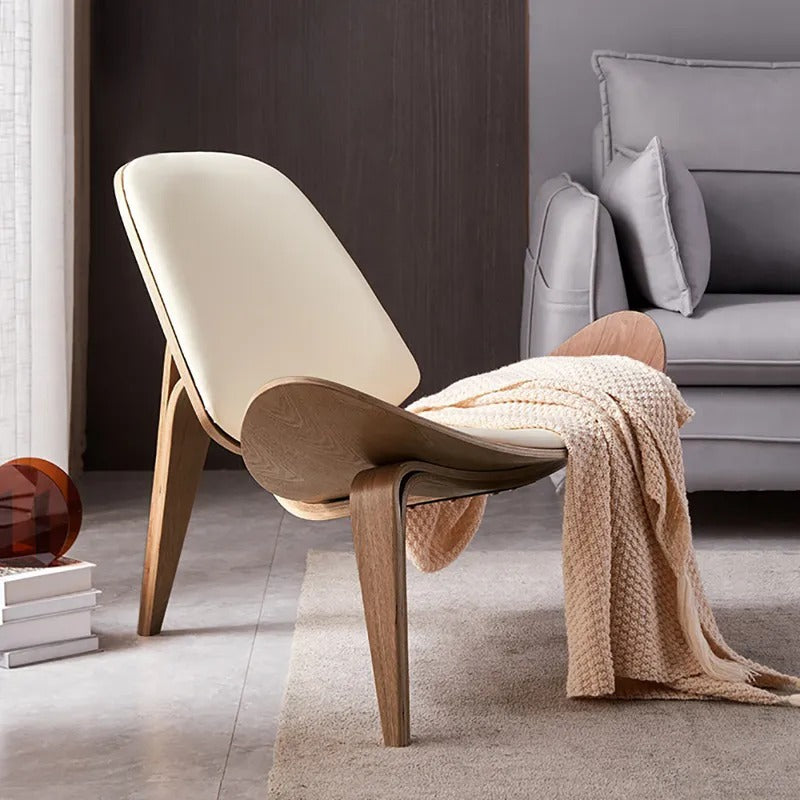 Vibo Valentia Beige Leather and Solid wood  Lounge Chair 35.04"D