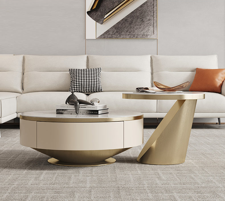 Liguria White and Gold Slate Coffee Table 23.62"D+35.43"D