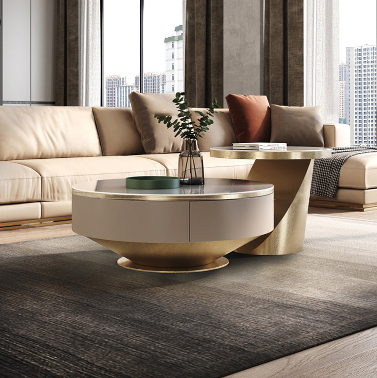 Liguria White and Gold Slate Coffee Table 23.62"D+35.43"D