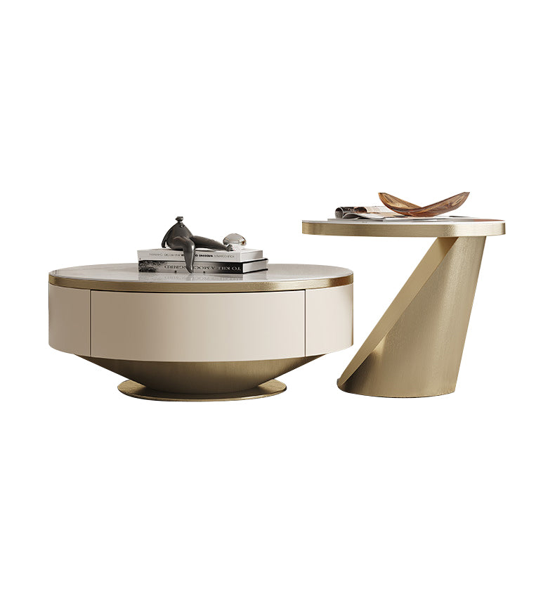 Liguria White and Gold Slate Coffee Table 23.62"D+35.43"D