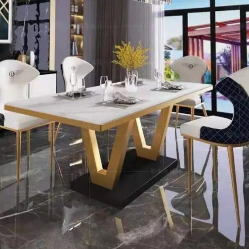 Turin Rectangular White+Gold Slate Dining Table 62.99"D